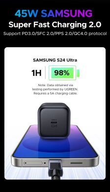 Сетевое зарядное устройство UGREEN X524 GaN 45W Type-C + кабель Type-C to Type-C (65054) - Black