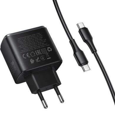 Мережевий зарядний пристрій Hoco C158A Upgrade PD45W + QC3.0 + кабель Type-C to Type-C - Black