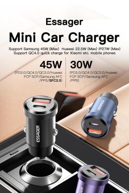 Автомобільний зарядний пристрій ESSAGER Gyroscope Mini 45W (Type-C + USB) ECCAC45-TL01-Z - Black