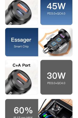 Автомобільний зарядний пристрій ESSAGER Gyroscope Mini 45W (Type-C + USB) ECCAC45-TL01-Z - Black
