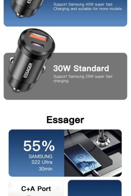 Автомобільний зарядний пристрій ESSAGER Gyroscope Mini 45W (Type-C + USB) ECCAC45-TL01-Z - Black