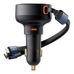 Автомобильное зарядное устройство Baseus Enjoyment Pro Retractable (60W) + кабель Type-C + Lightning (C00057802111) - Black