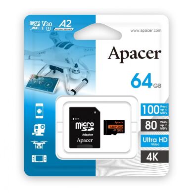 Карта памяти MicroSDXC Apacer 64GB UHS-I U3 V30 A2 + адаптер (AP64GMCSX10U8-R)