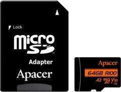 Карта памяти MicroSDXC Apacer 64GB UHS-I U3 V30 A2 + адаптер (AP64GMCSX10U8-R)