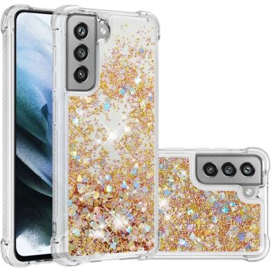 Силиконовый (TPU) чехол Deexe Liquid Glitter для Samsung Galaxy S21 FE (G990) - Gold Hearts