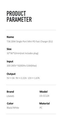 Мережевий зарядний пристрій USAMS US-CC124 T36 Mini PD Fast Charger (20W) - White