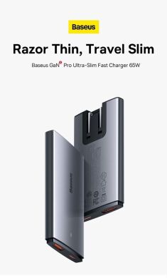 Сетевое зарядное устройство Baseus GaN5 Pro Ultra-Slim C+U (65W) + кабель Type-C to Type-C (100W, 5A, 1m) CCGP150113 - Gray