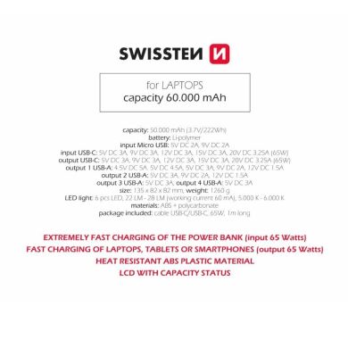 Внешний аккумулятор SWISSTEN Line Bank PD65W (60000mAh) - Black