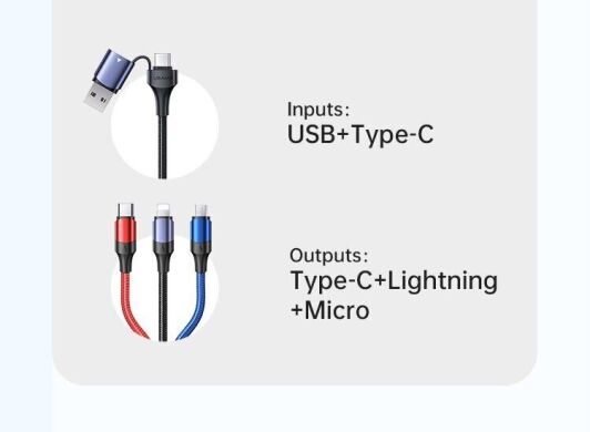 Кабель Usams US-SJ549 U71 USB + Type-C to Triple Head 3in1 (1.2m) - Black