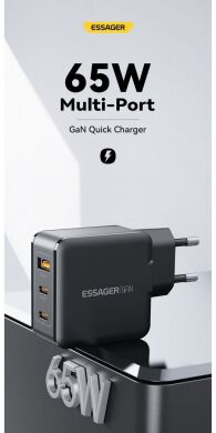 Мережевий зарядний пристрій ESSAGER 65W GaN Matrix Travel Phone Charger USB+ 2Type-C (ECT2CA-JZB01-Z) - Black