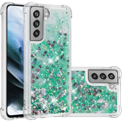 Силиконовый (TPU) чехол Deexe Liquid Glitter для Samsung Galaxy S21 FE (G990) - Green Hearts