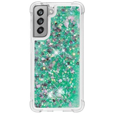 Силиконовый (TPU) чехол Deexe Liquid Glitter для Samsung Galaxy S21 FE (G990) - Green Hearts