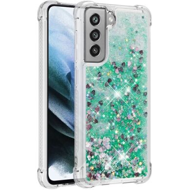 Силиконовый (TPU) чехол Deexe Liquid Glitter для Samsung Galaxy S21 FE (G990) - Green Hearts