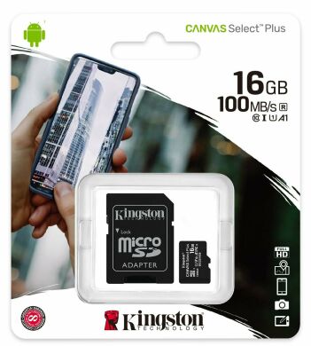 Картка пам`яті Kingston microSDHC 16GB Canvas Select Plus C10 UHS-I R100MB/s + адаптер - Black