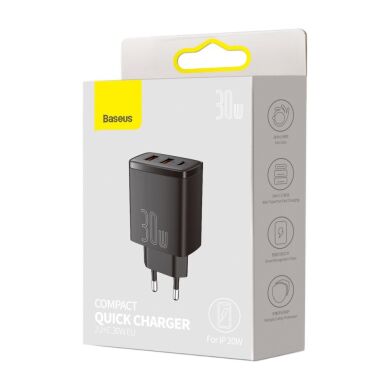 Мережевий зарядний пристрій Baseus Compact Quick Charger 2USB + Type-C (30W) CCXJ-E01 - Black