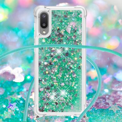 Силиконовая накладка Deexe Liquid Glitter with Strap для Samsung Galaxy A02 (A022) - Green Hearts