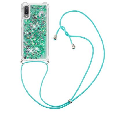 Силиконовая накладка Deexe Liquid Glitter with Strap для Samsung Galaxy A02 (A022) - Green Hearts