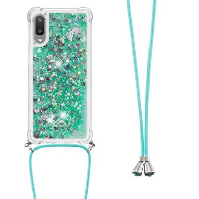 Силиконовая накладка Deexe Liquid Glitter with Strap для Samsung Galaxy A02 (A022) - Green Hearts