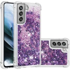 Силиконовый (TPU) чехол Deexe Liquid Glitter для Samsung Galaxy S21 FE (G990) - Dark Purple Hearts