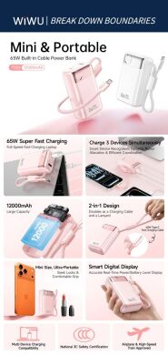 Внешний аккумулятор WiWU T132 65W (12000 mAh) + кабель Type-C - White