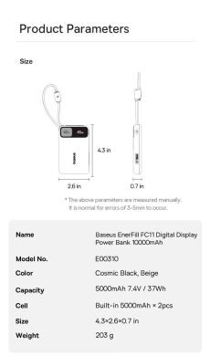 Внешний аккумулятор Baseus EnerFill FC11 45W + кабель Type-C (10000mAh) E00310 - Black