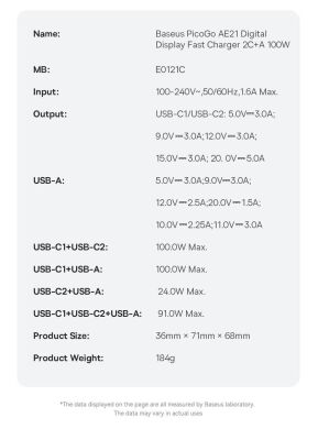 Сетевое зарядное устройство Baseus PicoGo AE21 2C+U 100W + кабель Type-C to Type-C (E0121B00) - Black