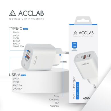 Мережевий зарядний пристрій ACCLAB&nbsp;AL-TC452 PD45W + QC4.0 (USB + Type-C) - White
