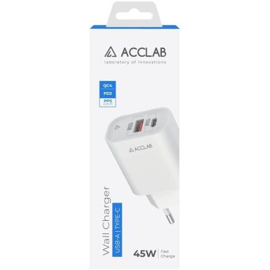 Мережевий зарядний пристрій ACCLAB&nbsp;AL-TC452 PD45W + QC4.0 (USB + Type-C) - White