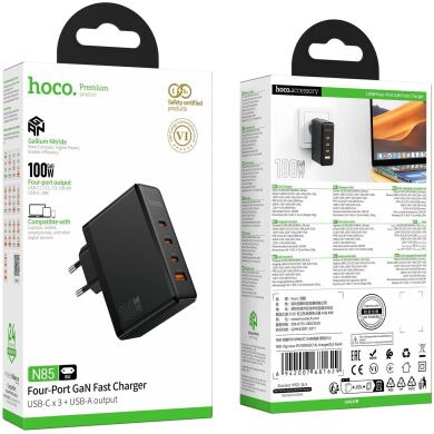 Мережевий зарядний пристрій Hoco N85 GaN 100W (3Type-C + USB) - Black