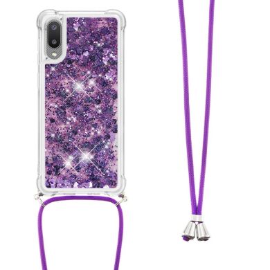 Силіконова накладка Deexe Liquid Glitter with Strap для Samsung Galaxy A02 (A022) - Dark Purple Hearts