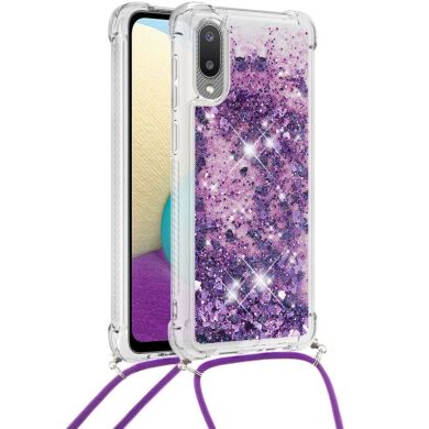 Силиконовая накладка Deexe Liquid Glitter with Strap для Samsung Galaxy A02 (A022) - Dark Purple Hearts