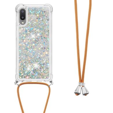 Силиконовая накладка Deexe Liquid Glitter with Strap для Samsung Galaxy A02 (A022) - Silver Hearts