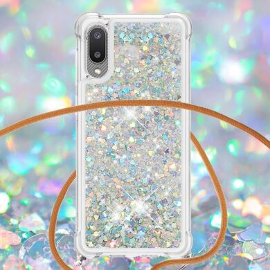 Силиконовая накладка Deexe Liquid Glitter with Strap для Samsung Galaxy A02 (A022) - Silver Hearts