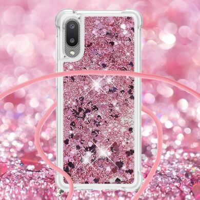 Силиконовая накладка Deexe Liquid Glitter with Strap для Samsung Galaxy A02 (A022) - Rose Gold Hearts