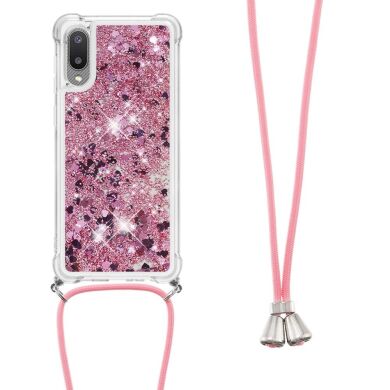 Силиконовая накладка Deexe Liquid Glitter with Strap для Samsung Galaxy A02 (A022) - Rose Gold Hearts