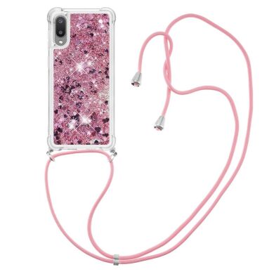 Силиконовая накладка Deexe Liquid Glitter with Strap для Samsung Galaxy A02 (A022) - Rose Gold Hearts