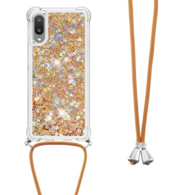 Силіконова накладка Deexe Liquid Glitter with Strap для Samsung Galaxy A02 (A022) - Gold Hearts