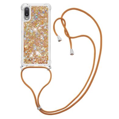 Силиконовая накладка Deexe Liquid Glitter with Strap для Samsung Galaxy A02 (A022) - Gold Hearts