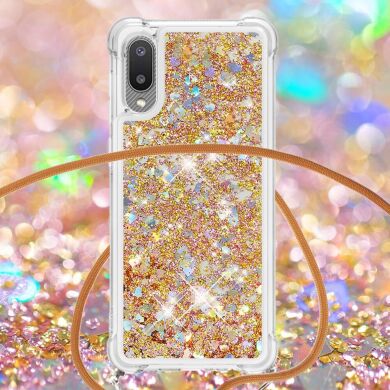 Силіконова накладка Deexe Liquid Glitter with Strap для Samsung Galaxy A02 (A022) - Gold Hearts