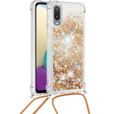 Силіконова накладка Deexe Liquid Glitter with Strap для Samsung Galaxy A02 (A022) - Gold Hearts