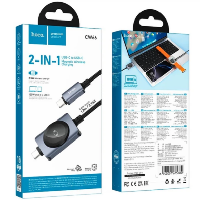 Кабель с беспроводной зарядкой Hoco CW66 2 in 1 Type-C to Apple Watch + Type-C (100W, 1.2m) - Black