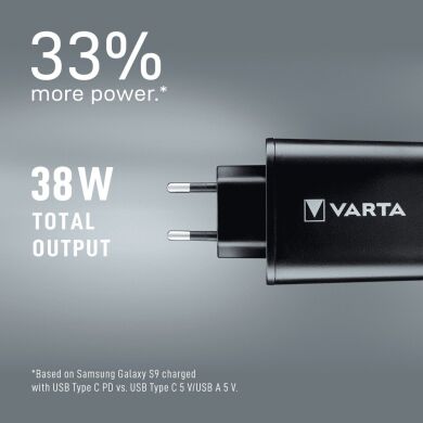 Сетевое зарядное устройство Varta Wall Charger 38W (2USB, 3A; Type-C, 3A) - Black