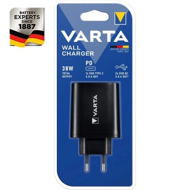 Сетевое зарядное устройство Varta Wall Charger 38W (2USB, 3A; Type-C, 3A) - Black