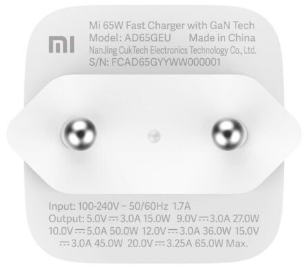 Сетевое зарядное устройство Xiaomi Mi Fast Charger Type-C (65W) BHR4499GL - White