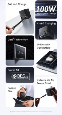 Мережевий зарядний пристрій Baseus Super GaN Desktop 100W (2Type-C+USB) + кабель Type-C (P10164001123-00) - Black