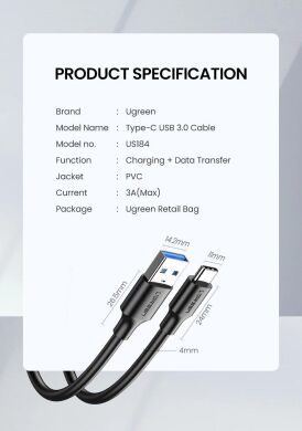 Кабель UGREEN US184 USB 3.0 to Type-C (3A, 1m) - Black