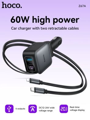 Автомобильное зарядное устройство Hoco Z67A Triunfar PD60W (USB + Type-C) + кабель Type-C to Lightning - Black