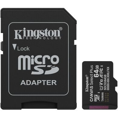 Карта памяти Kingston microSDXC 64GB Canvas Select Plus Gen3 UHS-I U1 V10 A1 (100MB/s) + адаптер (SDCS3/64GB) - Black
