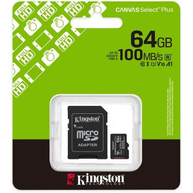 Карта памяти Kingston microSDXC 64GB Canvas Select Plus Gen3 UHS-I U1 V10 A1 (100MB/s) + адаптер (SDCS3/64GB) - Black
