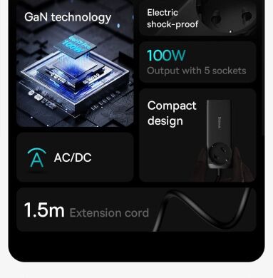 Мережевий зарядний пристрій Baseus GaN3 Pro Desktop Fast Charger AC+2U+2C (100W) + кабель Type-C to Type-C (100W, 1m) PSZM000401 - Black